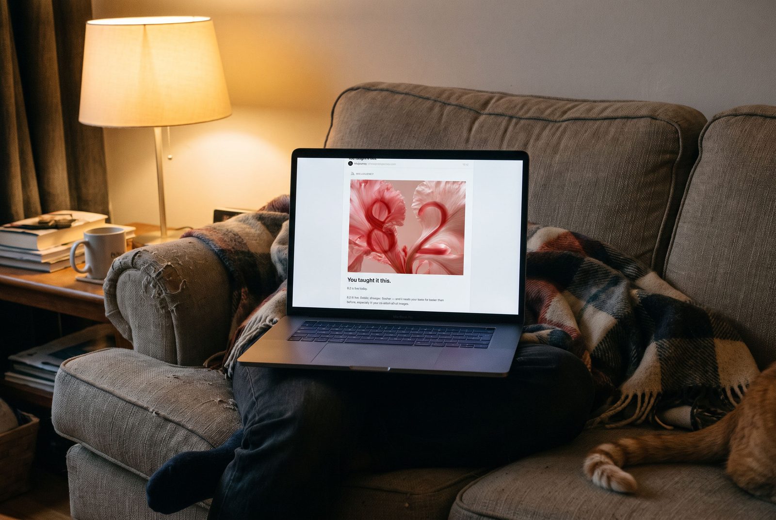 Newsletter on a laptop, on a sofa