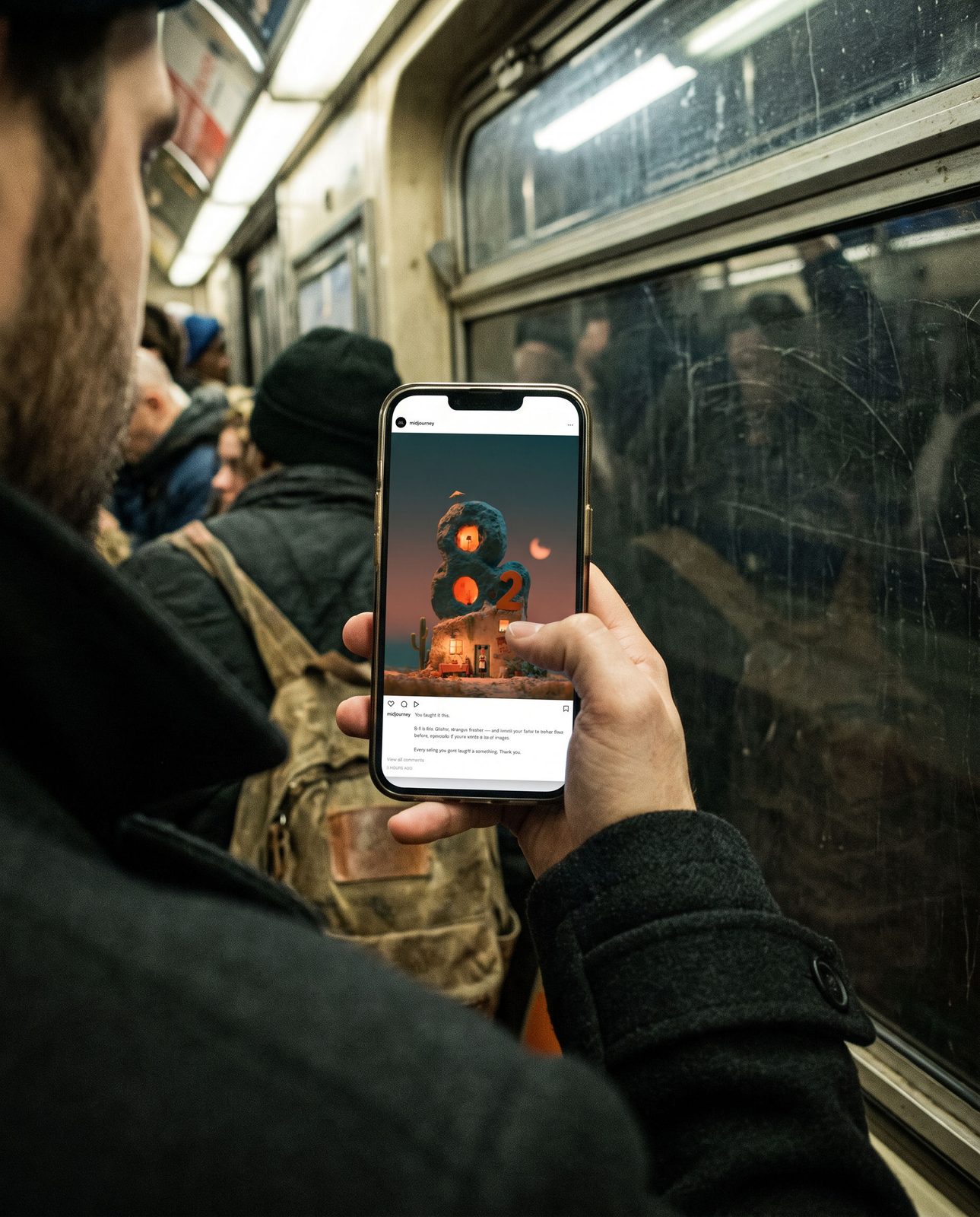 Feed post on a phone, on the subway