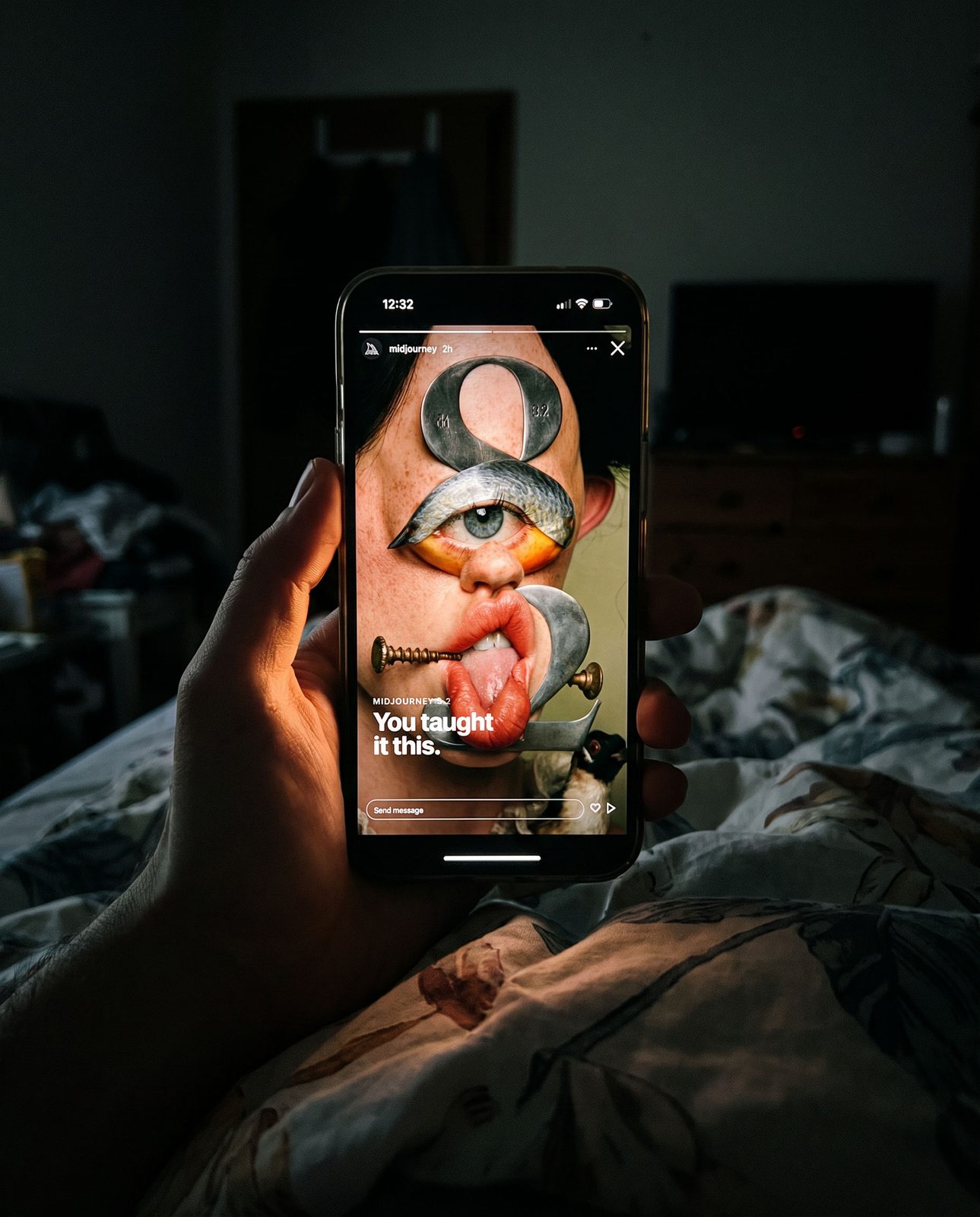 Story on a phone, in bed