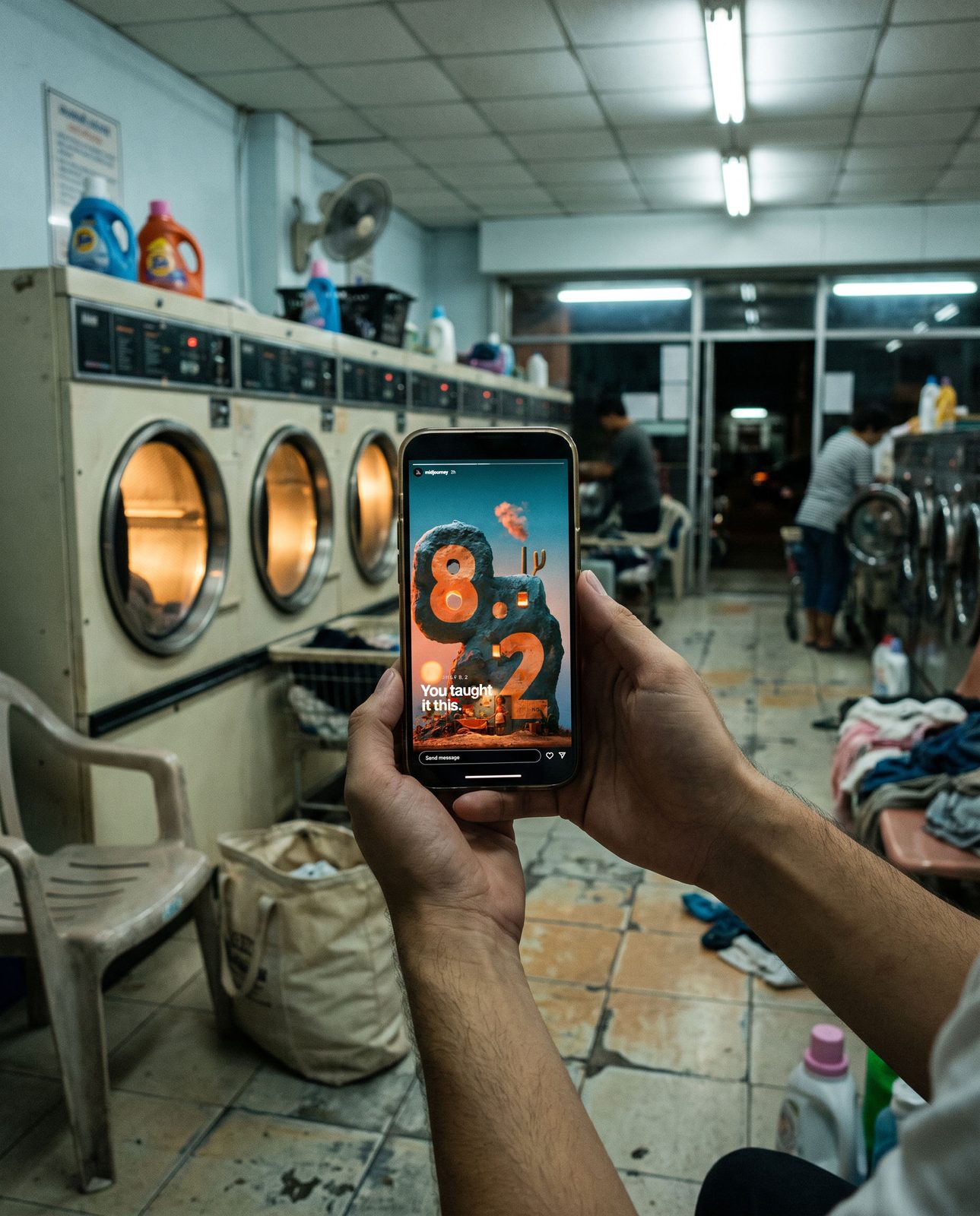 Story on a phone, in a laundromat