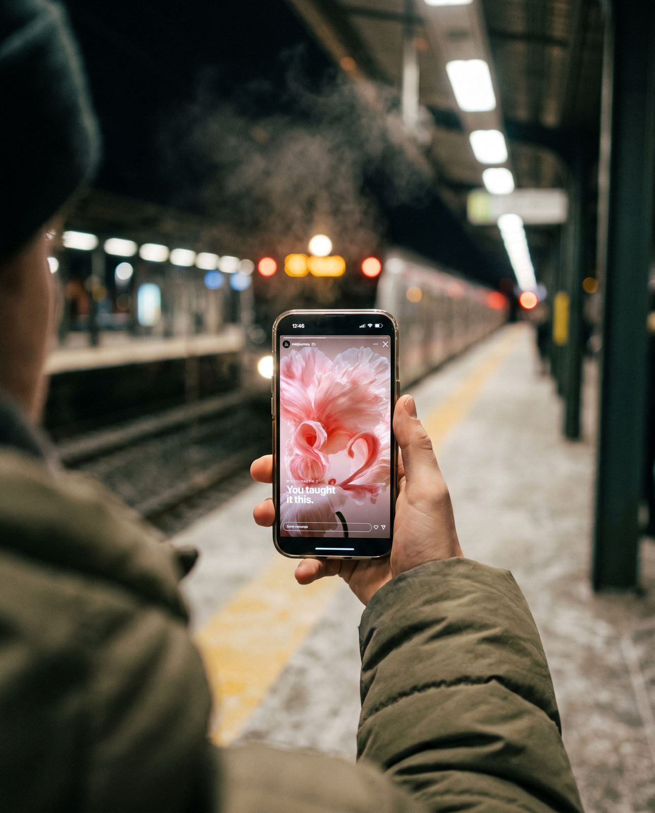 Story on a phone, on a station platform at night